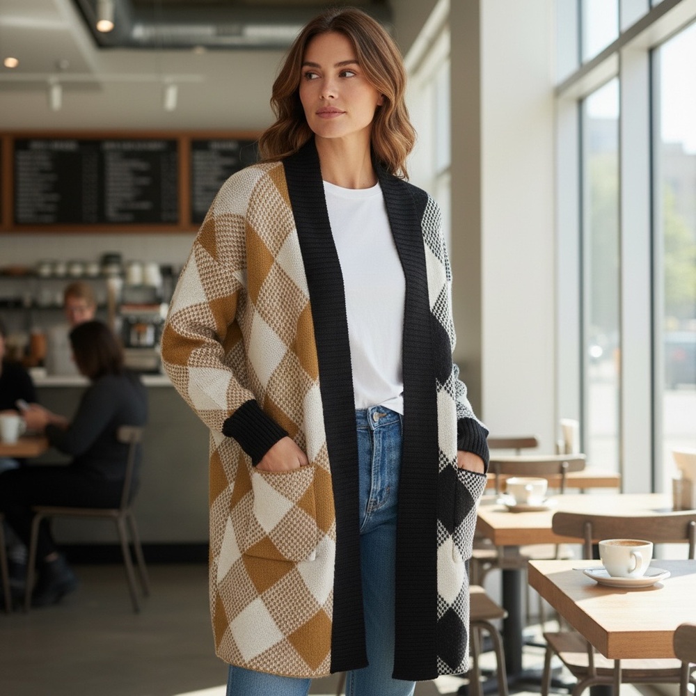 Joseph A. ‎ Cardigan - Black, White, Brown Size L NWT